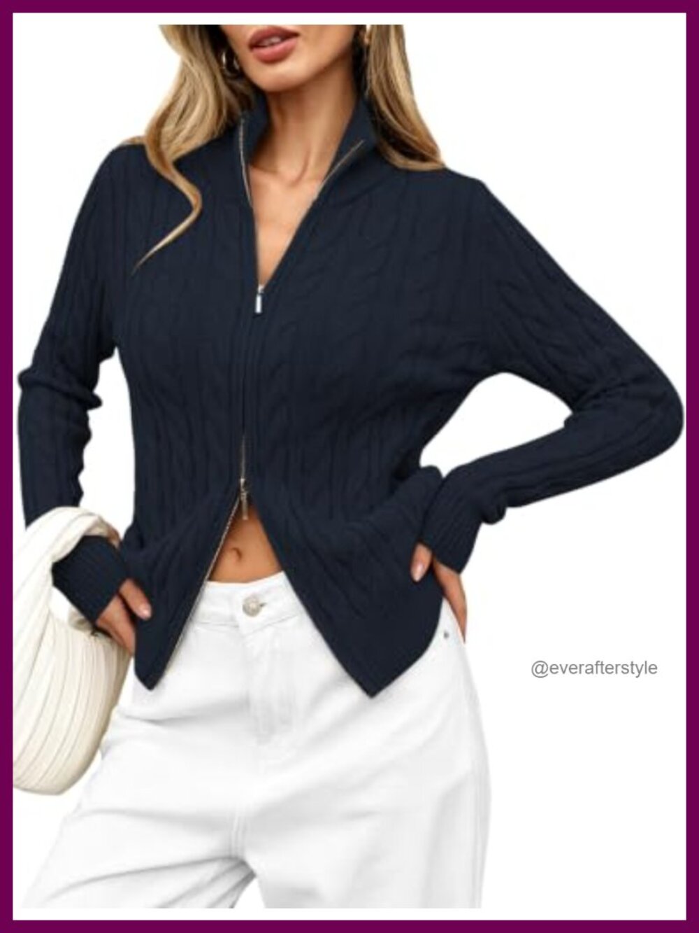 Cable Knit Two Way Zip Up Cardigan Sweater Mock Neck Slim Fit Long Sleeve